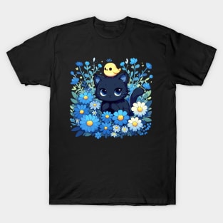 Black Cat With Yellow Bird in Flower Garden T-Shirt